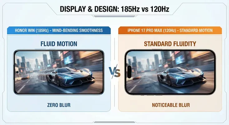 Visual comparison of 185Hz refresh rate on Honor Win versus 120Hz on iPhone 17 Pro Max, showing reduced motion blur on the Honor device.
