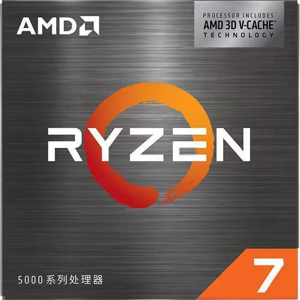 AMD Ryzen™ 7 5800X3D 8-Core, 16-Thread Desktop Processor with AMD 3D V-Cache™ Technology 3 Front-facing view of AMD Ryzen 7 5000 series box with 3D V-Cache and Series 7 branding.
