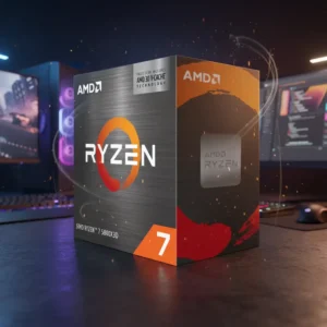 AMD Ryzen™ 7 5800X3D 8-Core, 16-Thread Desktop Processor with AMD 3D V-Cache™ Technology 11 AMD Ryzen 7 5800X3D processor box displayed on a dark gaming desk with RGB lighting in the background.