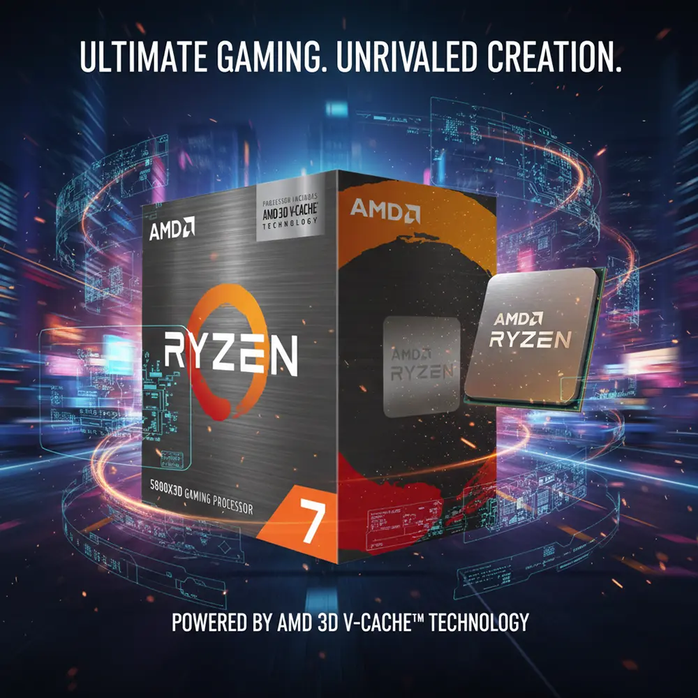 AMD Ryzen™ 7 5800X3D 8-Core, 16-Thread Desktop Processor with AMD 3D V-Cache™ Technology 4 Retail box of AMD Ryzen 7 5800X3D gaming processor with 3D V-Cache technology branding.