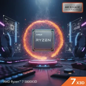 AMD Ryzen™ 7 5800X3D 8-Core, 16-Thread Desktop Processor with AMD 3D V-Cache™ Technology 10 AMD Ryzen CPU floating over a futuristic gaming setup with holographic data displays.