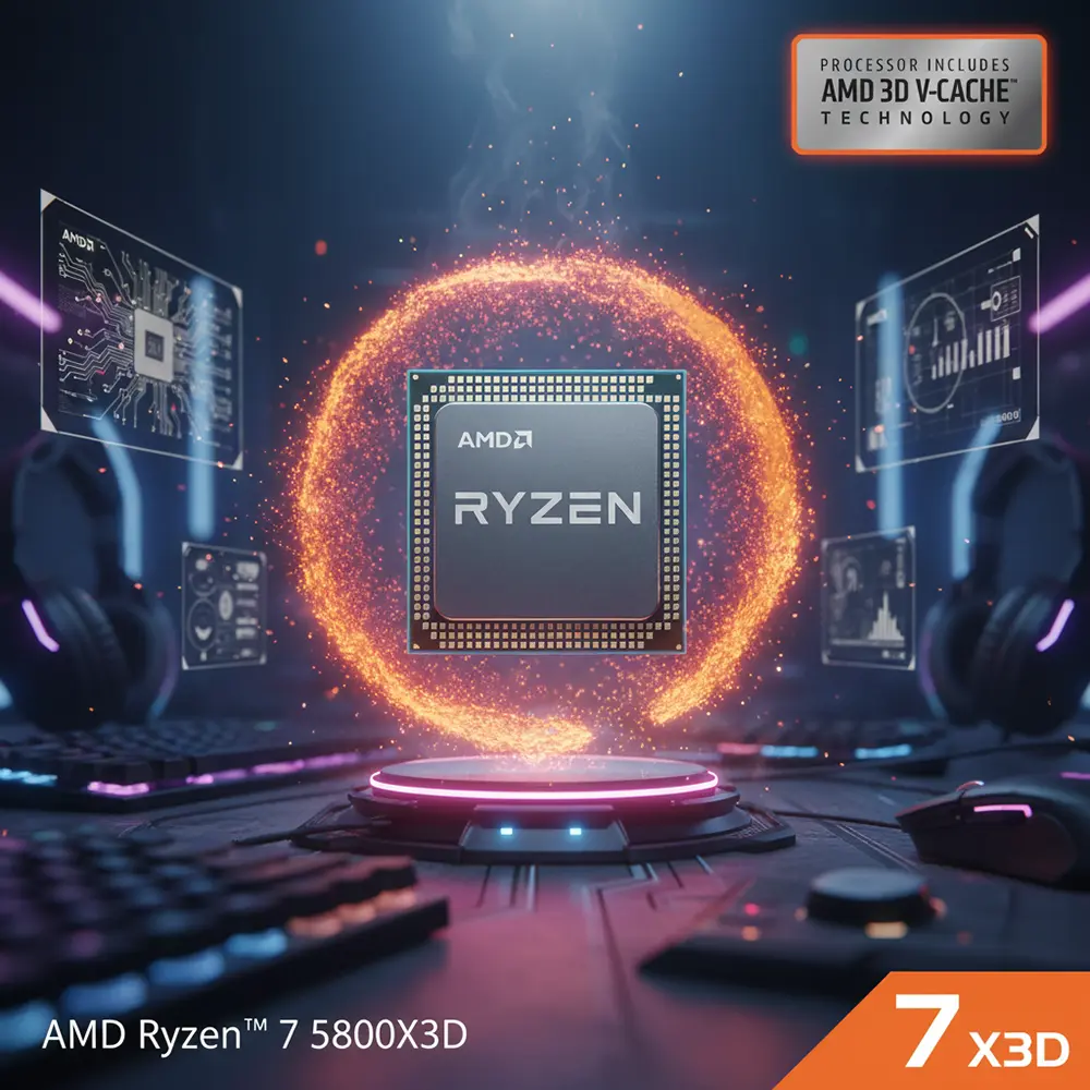AMD Ryzen™ 7 5800X3D 8-Core, 16-Thread Desktop Processor with AMD 3D V-Cache™ Technology 5 AMD Ryzen CPU floating over a futuristic gaming setup with holographic data displays.