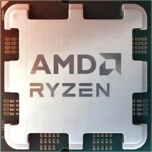 Close-up top view of the AMD Ryzen 7 7700 CPU IHS and socket AM5 design.