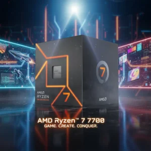 AMD Ryzen 7 7700 processor box on a digital background with 