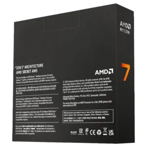Back of AMD Ryzen 7 9700X box showing Zen 5 architecture and Socket AM5 compatibility info.