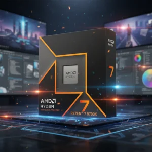 AMD Ryzen 7 9700X processor box on a high-tech desk with glowing blue and orange lighting.