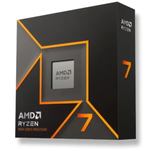 Front view of AMD Ryzen 7 9700X 8-Core processor retail box with Zen 5 branding.