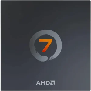 Side view of the Ryzen 7 7700 box featuring the grey and orange circular logo.