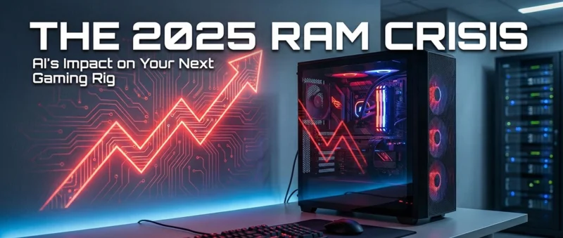 Futuristic glowing DDR5 RAM modules in a high-tech server environment representing the 2025 RAM price increase.