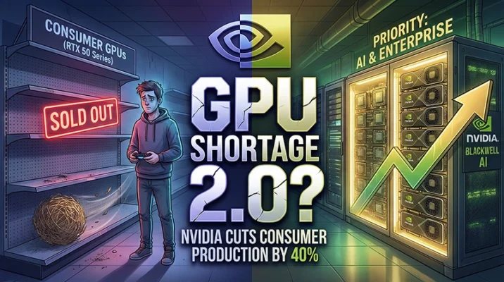 Split-screen illustration showing empty retail shelves for RTX 50 series gamers on the left versus booming Nvidia AI server racks on the right, highlighting the rumored 2026 production cut and GPU shortage.