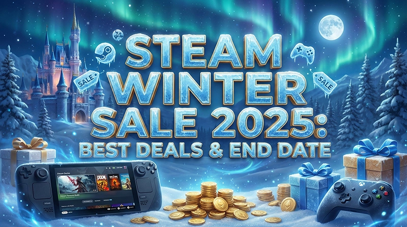 Digital illustration of a snowy fantasy castle with the text "Steam Winter Sale 2025 Best Deals & End Date." In the foreground, a Steam Deck OLED, a black game controller, and gift boxes sit in the snow under a glowing moon.