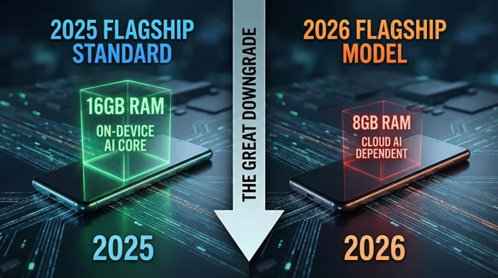 A split-screen comparison chart illustrating smartphone RAM trends: a 2025 flagship phone featuring 16GB RAM for On-Device AI versus a 2026 base model reduced to 8GB RAM using Cloud AI.