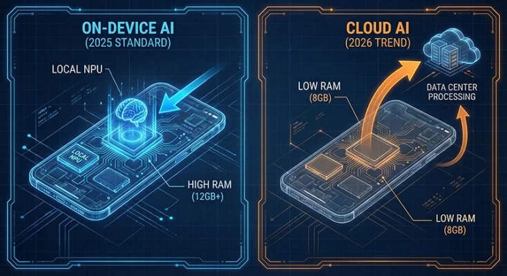Diagram illustrating the difference between high-RAM On-Device AI processing versus lower-RAM Cloud AI processing that relies on remote servers.