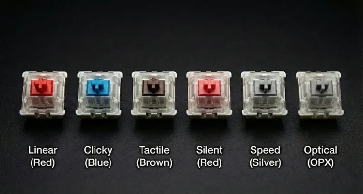 Comparison of Cherry MX Red, Blue, Brown, Silent, Speed Silver, and Corsair OPX Optical switches.