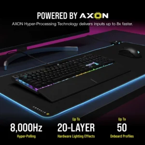Corsair K70 Pro keyboard on a desk featuring AXON technology, 8000Hz hyper-polling, and 50 onboard profiles.