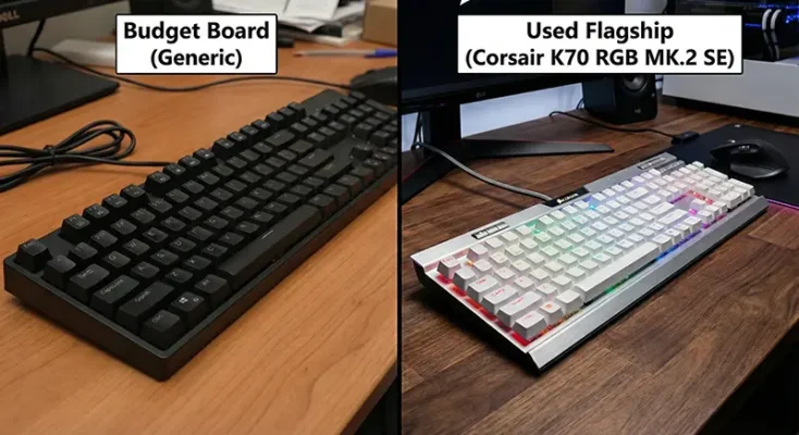 Close up of Corsair aircraft-grade brushed aluminum keyboard frame and RGB lighting.