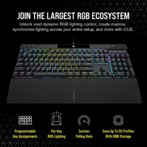 Top-down view of Corsair K70 Pro highlighting iCUE software compatibility for macros and lighting synchronization.