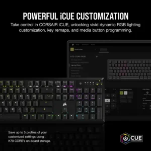 Corsair iCUE software interface showing RGB and key mapping options for the K70 Core.
