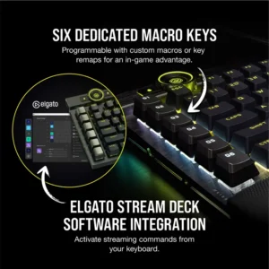 Close-up of the six dedicated macro keys on the Corsair K100 with Elgato Stream Deck software integration.