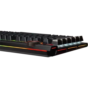 Side profile of the Corsair K100 RGB keyboard showing the anodized brushed aluminum frame and the 44-zone LightEdge.