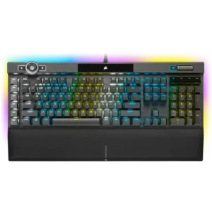 Top-down view of the Corsair K100 RGB mechanical gaming keyboard with full per-key RGB lighting and magnetic palm rest.