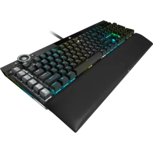 Side perspective of Corsair K100 RGB keyboard showing the textured palm rest and side lighting strips.