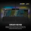 Product banner for Corsair K100 RGB featuring OPX optical-mechanical keyswitches.