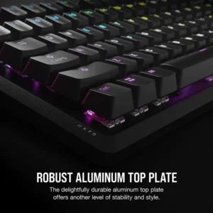Close up of Corsair K70 Core mechanical keyboard featuring a robust black aluminum top plate and RGB lighting.