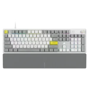 Corsair K70 Core SE white mechanical keyboard with grey palm rest and yellow accent keys.