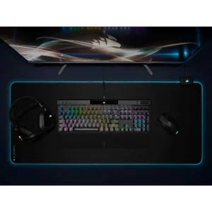 Overhead view of Corsair K70 PRO black keyboard on an RGB mousepad.