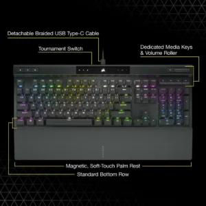 Diagram of K70 Pro features including tournament switch, volume roller, and detachable USB-C cable.