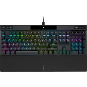 Full top-down view of the Corsair K70 Pro RGB gaming keyboard with the magnetic palm rest attached.