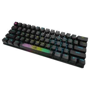 Isometric side view of the Corsair K70 Pro Mini Wireless mechanical keyboard with radiant RGB backlighting and PBT double-shot keycaps.