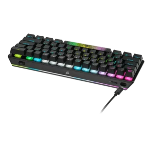 Rear angle view of Corsair K70 Pro Mini Wireless keyboard featuring USB-C charging port, power switch, and 360-degree RGB LightEdge.