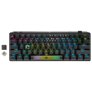 Top down view of Corsair K70 Pro Mini Wireless 60 percent mechanical keyboard showing hot-swappable key switches and RGB lighting.