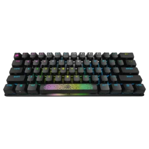 Front-facing view of Corsair K70 PRO MINI WIRELESS gaming keyboard featuring the radiant patterned spacebar.