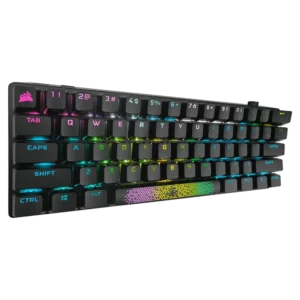 Angled view of Corsair K70 Pro Mini Wireless keyboard featuring the radiant patterned spacebar and Corsair logo.