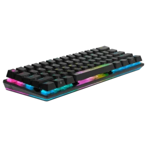 Side perspective of Corsair K70 Pro Mini Wireless keyboard showing the 360-degree RGB LightEdge and floating key design.