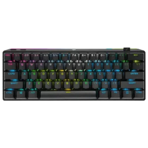 Straight top-down view of the Corsair K70 PRO MINI WIRELESS mechanical keyboard with standard black keycaps and RGB on.