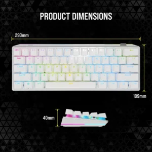 Dimensions of the Corsair K70 PRO MINI Wireless White keyboard: 293mm length, 109mm width, and 40mm height.