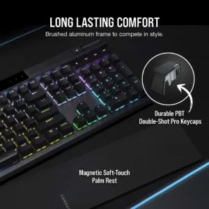 Close-up of durable PBT double-shot pro keycaps and the magnetic soft-touch palm rest on the Corsair K70 Pro.