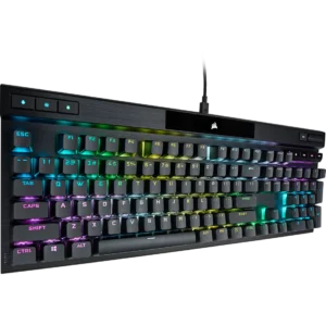 Front angled view of the Corsair K70 Pro RGB showing the floating key design and black brushed metal finish.