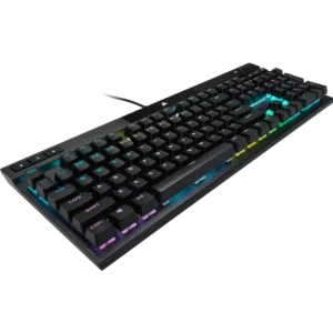 Side perspective view of the Corsair K70 Pro RGB mechanical gaming keyboard showing the brushed aluminum frame and per-key RGB lighting.