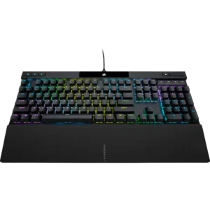 Direct front view of the Corsair K70 Pro RGB optical keyboard with a magnetic palm rest.