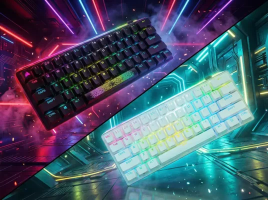Black and white versions of the Corsair K70 RGB PRO MINI Wireless 60% mechanical gaming keyboard.