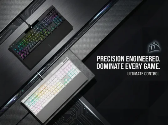 Corsair K70 RGB PRO mechanical gaming keyboards in black and silver finishes with ergonomic palm rests.