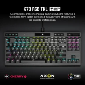 Corsair K70 RGB TKL Champion Series featuring Cherry MX mechanical switches.