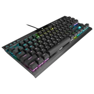 Side profile angle of the Corsair K70 RGB TKL showing the brushed aluminum plate.