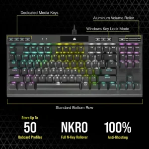 Diagram of K70 TKL dedicated media keys, volume roller, and NKRO features.
