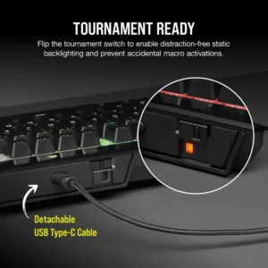Close up of the tournament mode switch and detachable USB Type-C cable on Corsair K70 TKL.